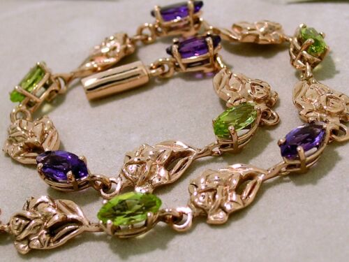 Genuine 9K 9ct SOLID Rose Gold Natural Peridot & Amethyst Roses Bracelet 18.5cm - Picture 2 of 4