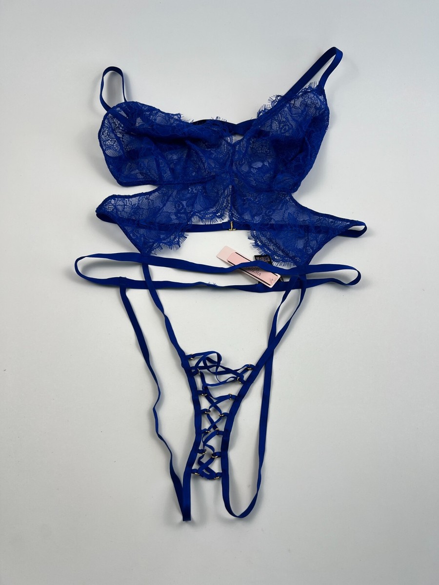 Victoria's Secret Unlined Lace Waist Open Sexy Teddy Lingerie Blue