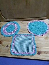 Handmade Knitted Sets 3 Items Turquoise pink Jar Opener Dishcloth W little hook