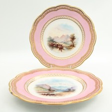 Antique Davenport Porcelain Plates Hand Painted Scenes Pink and Gilt Border