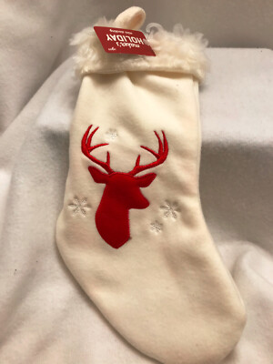 Christmas 12'' White Stocking Embroidered Red Buck Sparkly Cuff Makers Holiday