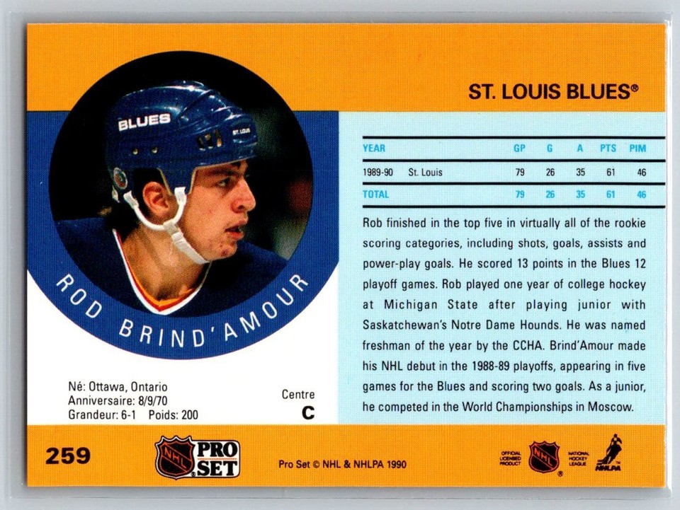 1990-91 Pro Set #259 Rod Brind'Amour St. Louis Blues Rookie Hockey Card ...