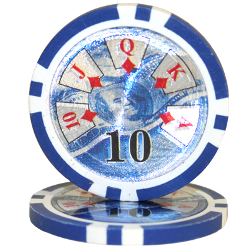 25 ct Blue 10 Ten Dollars "Ben Franklin" 14 Grams Holographic Poker