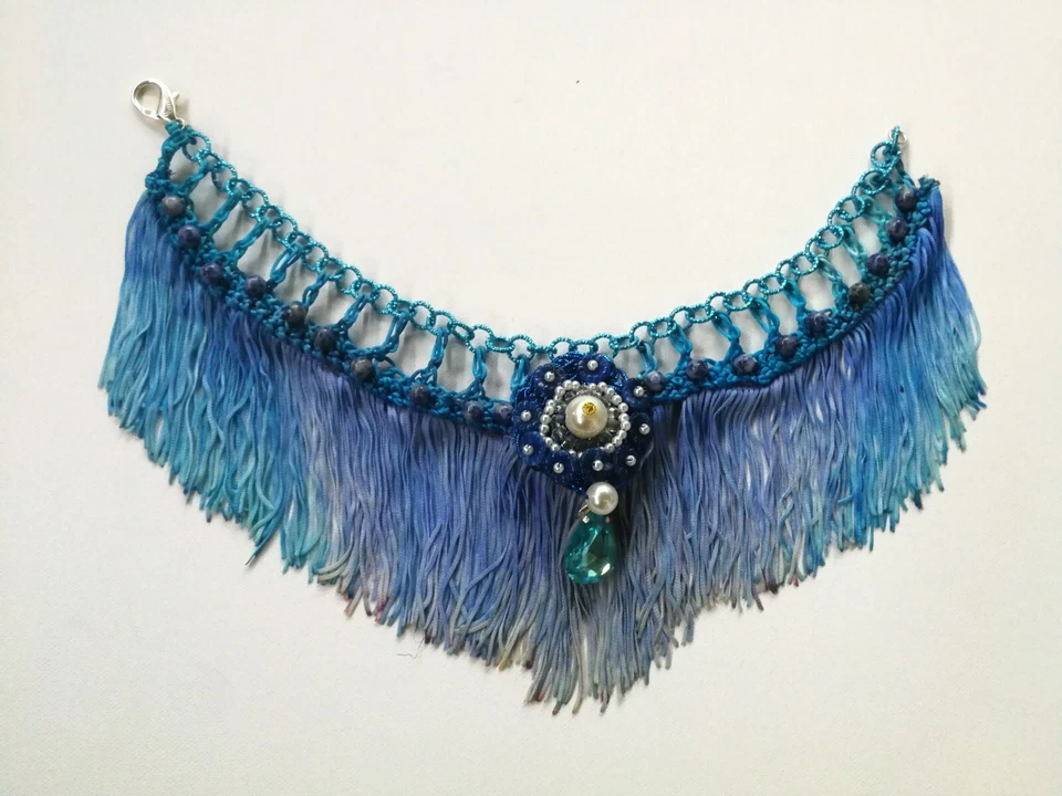 colar de joias gargantilha franja colar corrente medalhão azul strass cristal pérola - Imagem 3 de 4