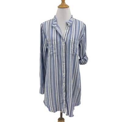 Cloth & Stone Shirt Dress Women S Small Striped Rayon Linen Tab Sleeve Tunic