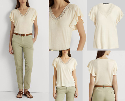 LAUREN RALPH LAUREN SIGLAY LINEN V-Neck Ruffle Shirt Top Bluse T-shirt Hemd M