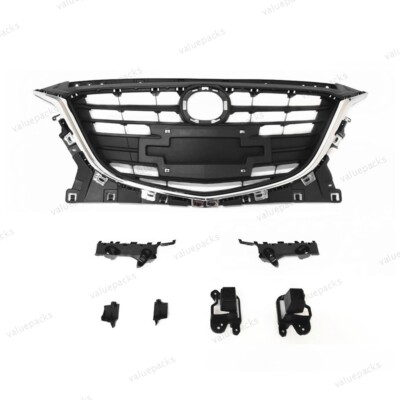7PC For MAZDA 3 2014-2016 Bumper Holder Brackets + Chrome Grille Grill Kit