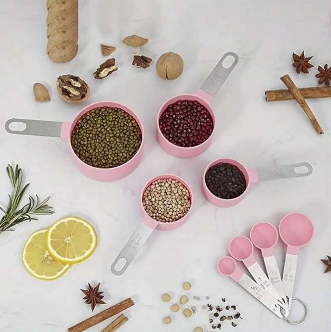 8 Pieces: Measuring Cups & Spoons Set – Stainless Steel Handle, Nesting Design