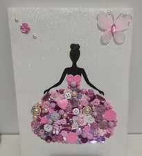 Tela quadretto realizzato a mano con bottoni perline principessa rosa 25 x 18 cm