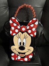 Disney Minnie Mouse Tin Lunch Box Carrier Purse Red Black w/ Beaded Pink Handle