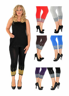 Neu Damen 3/4 Cropped Gold Silber Pailletten Saum Capri Leggings Damen Hose 12-30