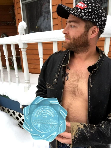 Vintage Red Wing  Stoneware Pottery 1960 Hiawatha Bridge Ash Tray teal blue