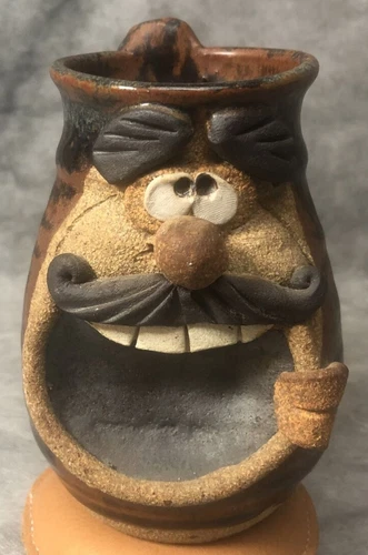 Vintage Robert Eakin Pottery Ceramic Mug Happy Face Brown Stoneware Tall Signed