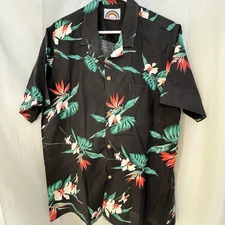 Vtg Paradise Found Hawaii Mens Black Floral Camp Aloha Shirt Bird Of Paradise