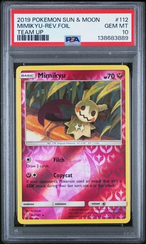 2019 POKEMON SUN & MOON TEAM UP #112 MIMIKYU-REVERSE FOIL PSA 10