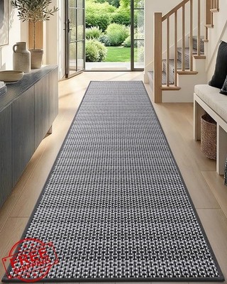 DEXI 2'4''x10' Grey White Runner Rug, Non Slip Rubber Backed Entryway Carpet