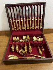 Baroque Gold Electroplate Stainless Korea 12 PLC Settings, Serving Pieces, Case.