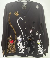 Vintage Berek Cats Embroidered Cardigan Sweater Black Knit Womens Size L Novelty