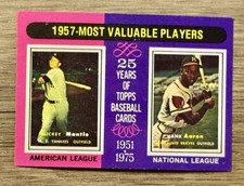 1975 Topps Baseball Card #195 Vintage 1957 MVPs Mickey Mantle Hank Aaron HOF