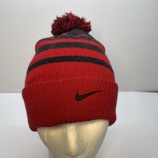 Nike Beanie Hat Cap Youth Red Grey Stripe One Size Pom Pom Winter