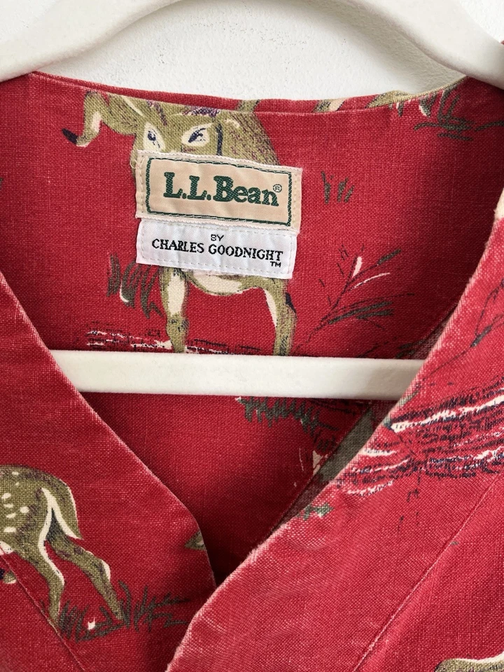 VTG L.L. Bean By Charles Goodnight Mens Night Shirt Red Trees Deer READ - Image 3 of 4
