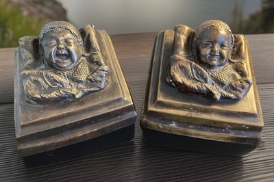 Antique Bronze Sculptures ANTONIN AIGON Signed - Laughing Baby Crying Baby c1885