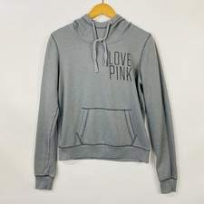 PINK Victoria's Secret Womens Medium Grey Hoodie "LOVE PINK" Printed Long Sleeve