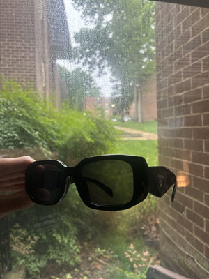 PRADA Women s Rectangle Sunglasses Black Plastic Frame Black Tinted Lenses Logo