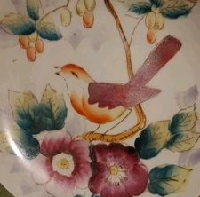 Vintage Song Bird Decorative Plate, Pink Flowers, Colorful, Ceramic 8" Display 
