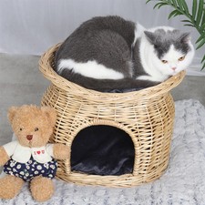 Durable Cat Basket Wicker Cat Elevated Bed Cave Ventilated Houses w/Soft Cushion