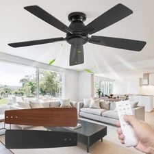 46 Inch Flush Mount Ceiling Fan No Light with Remote,Black Modern Low Profile...