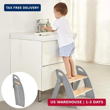 Wooden 2 Step Stool for Kids Bathroom Sink Foldable Anti-Slip 2-Step for Toilet
