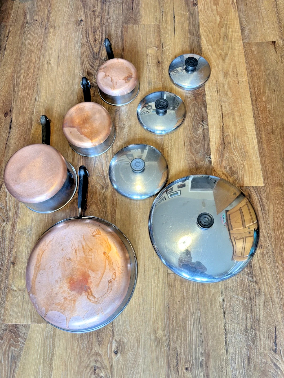 Vintage Revere Ware 1801 Copper Bottom 8-Piece Cookware Set 3qt 2qt 1qt Fry Pan