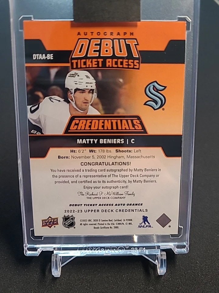 2022-23 UD Credentials Auto Debut Ticket Access #DTAA-BE RC Matty Beniers /25 - Image 2 of 3