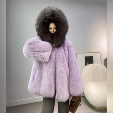 Women Natural Real Fox Fur Coat Hood Jacket Winter Thick Full Pelt Fur Overcoat