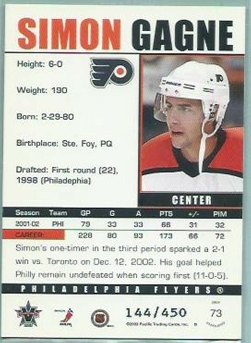 2002-03 Vanguard LTD #73 Simon Gagne 144/450 | eBay