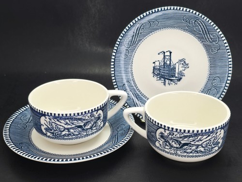 C1950 Currier & Ives Royal Blue Cup Saucer Star of Road Replacement Steamboat - Picture 2 of 14