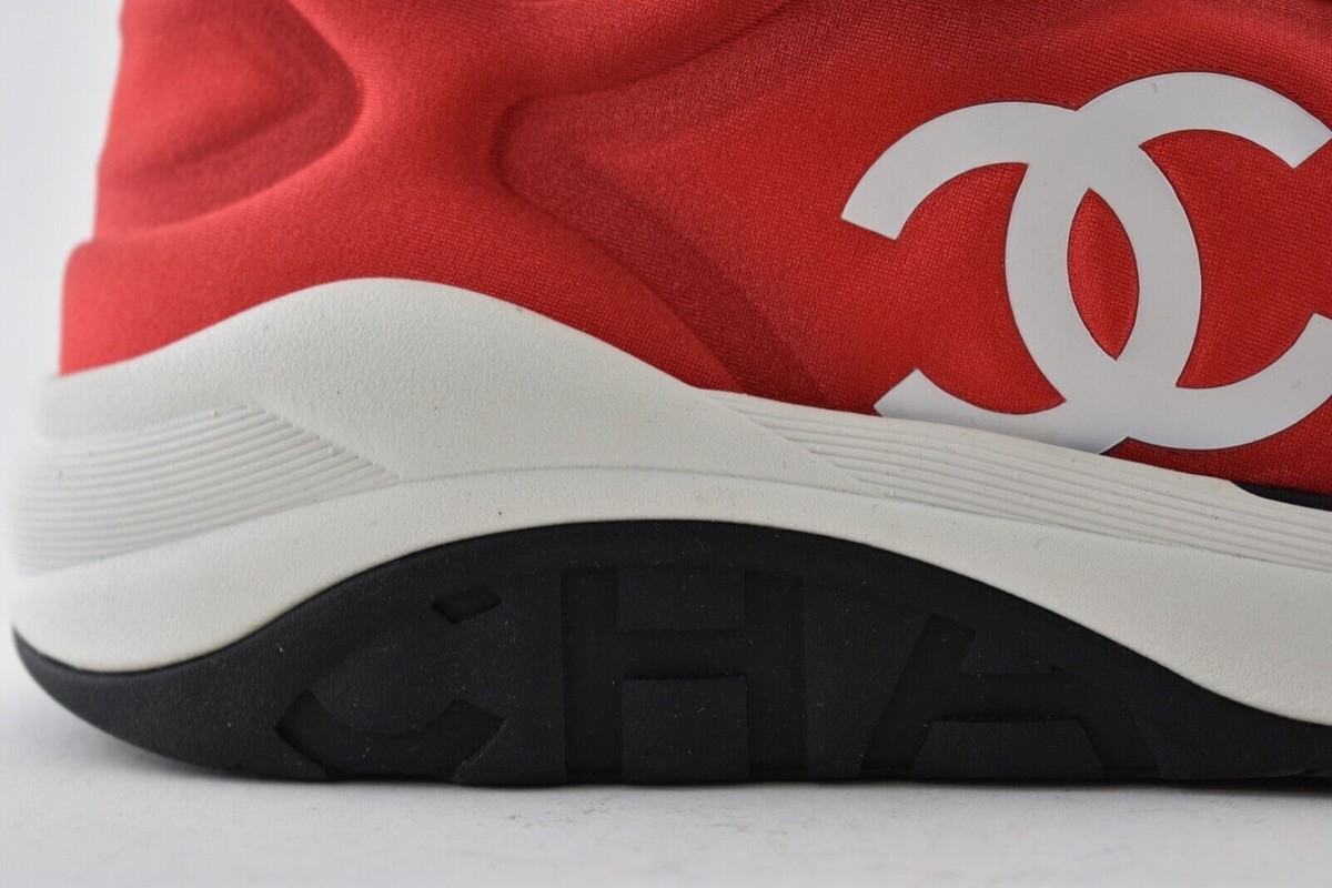 Chanel 19P Red Lycra White Black CC Logo Lace Up Low Top Trainer