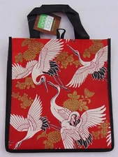 NWT Tropical Paper Garden Reusable Shopping Tote Bag Cherry Blossom Crane Red