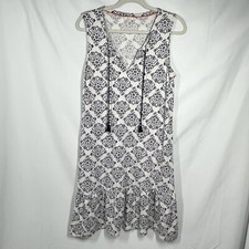 Boden Dress US10L White Blue Floral V-Neck Tassel Sleeveless Ruffle Boho Peasant