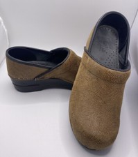 Sanita Brown Professional Brown Swirl Leather Stapled Black Heel Clogs Shoes 38