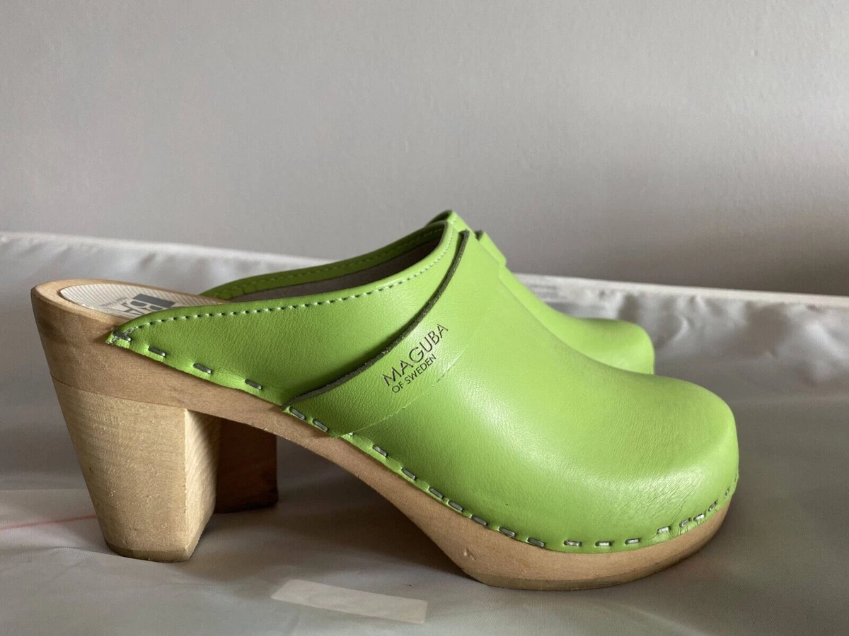 Maguba Stockholm clogs green size 38 high mid heel 9cm wood sole Made in Sweden