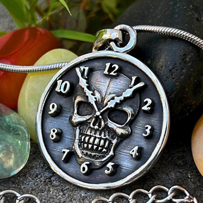 Handmade 925 Silver Skull Clock Pendant Gothic Vintage Necklace Limited