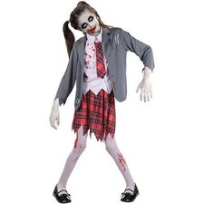 Girls Zombie Lapel Collar Grey Shirt Trouse Set With Tie Halloween Night set