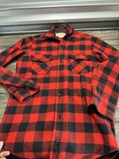 Vintage Melton Wool Jacket Med Tall USA Made Buffalo Plaid Red Zip Mackinaw