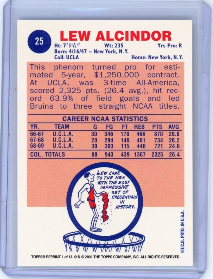 2001-02 Topps Reprints дебютант Лью Алсиндор No25 (Карим Абдул-Джаббар) Милуоки - Изображение 2 из 2