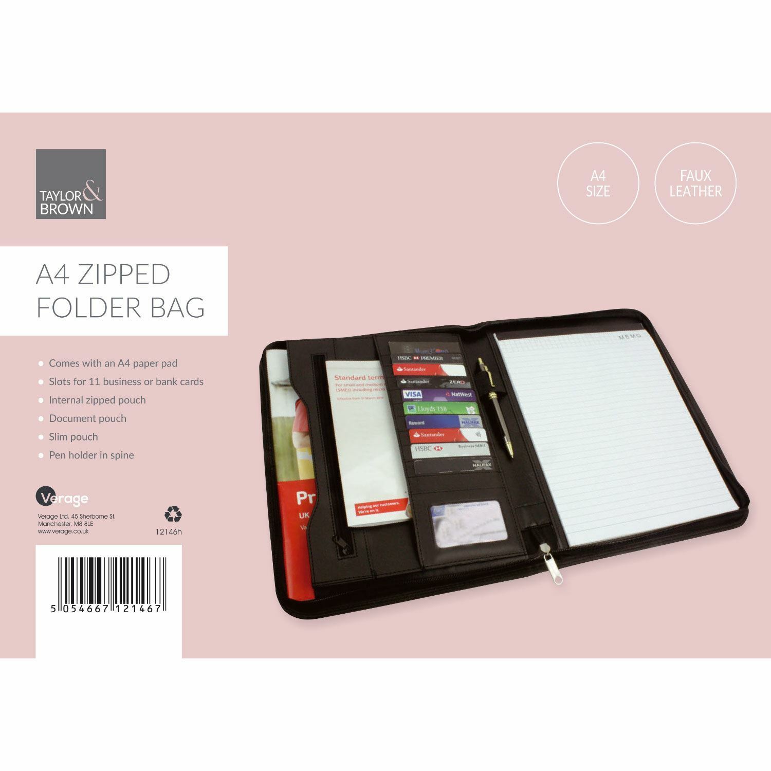 A4 Leather Zipped Business Conference Meeting Folder Bag Organiser Ring Binder