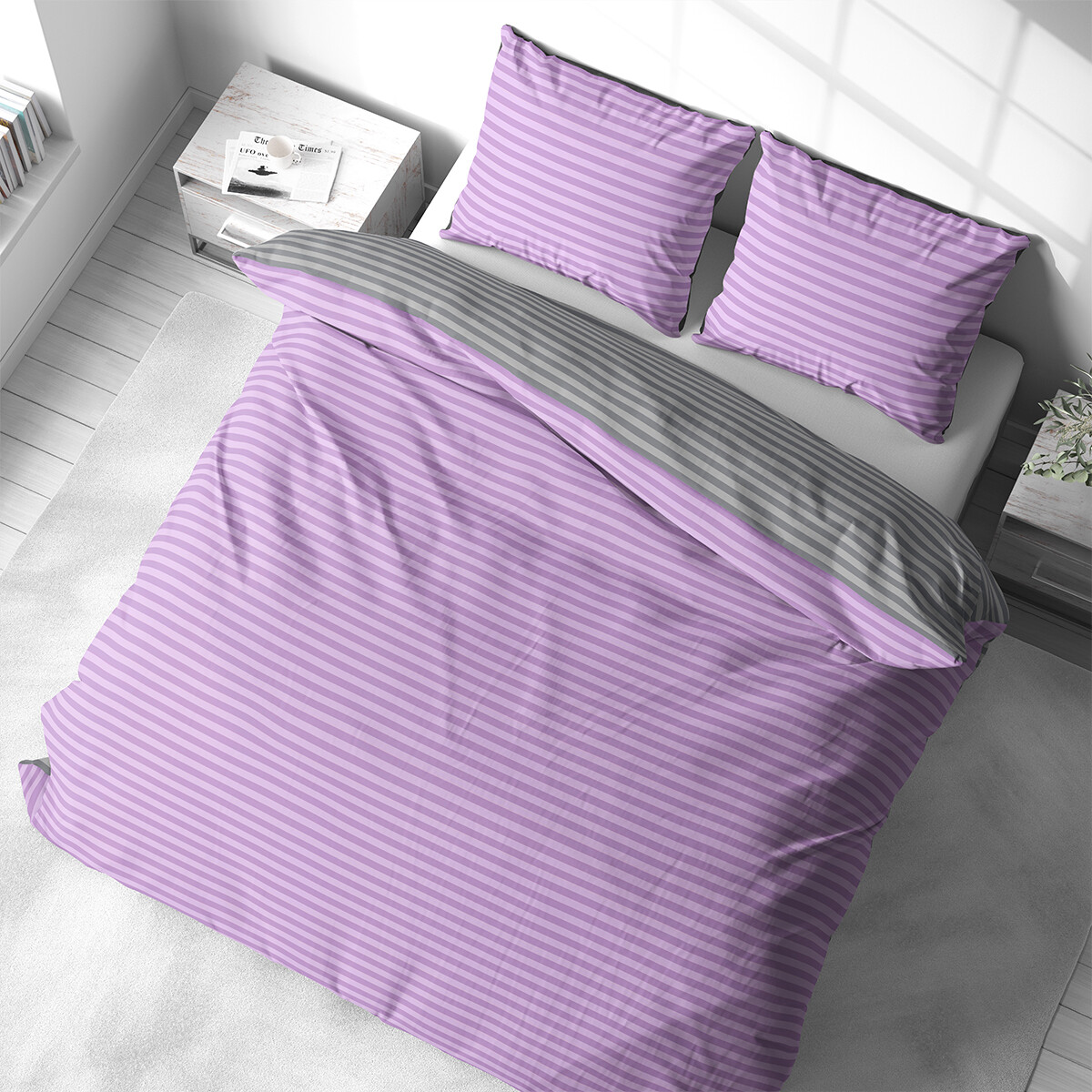 Bettwäsche Set Polycotton Baumwolle Bettbezug Streifen Wendeseite Deckenbezug