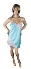 Vintage Texsheen Lingerie Satin Aqua Blue White Lace Babydoll Nightgown Slip L