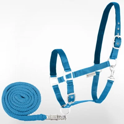 Pferde Halfter + Strick Set Waldhausen SATIN weich azurblau Shetty Pony VB WB